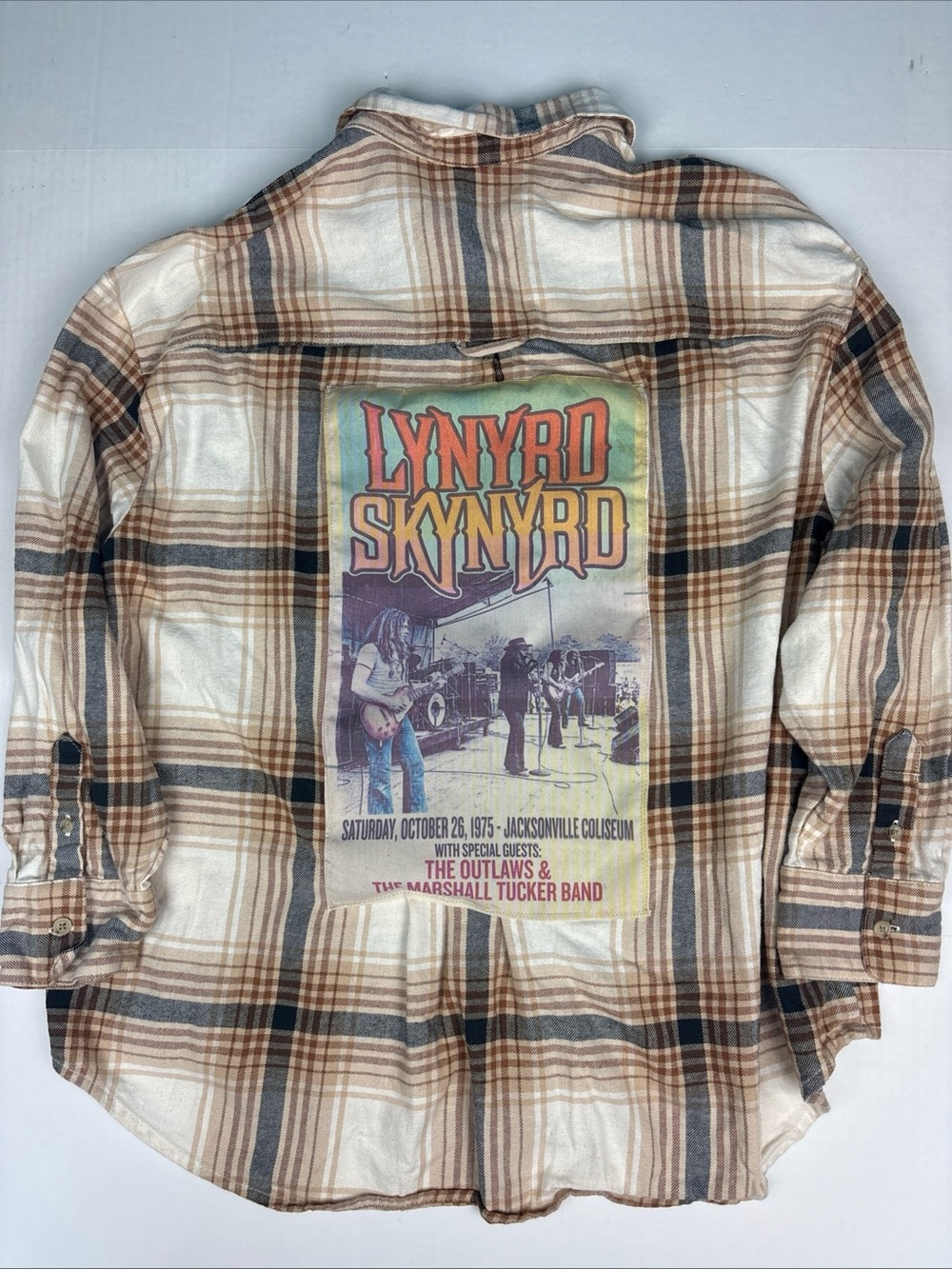 Upcycled Lynyrd Skynyrd Women 2X Shirt Plaid Flannel Tan Beige Rock and Roll